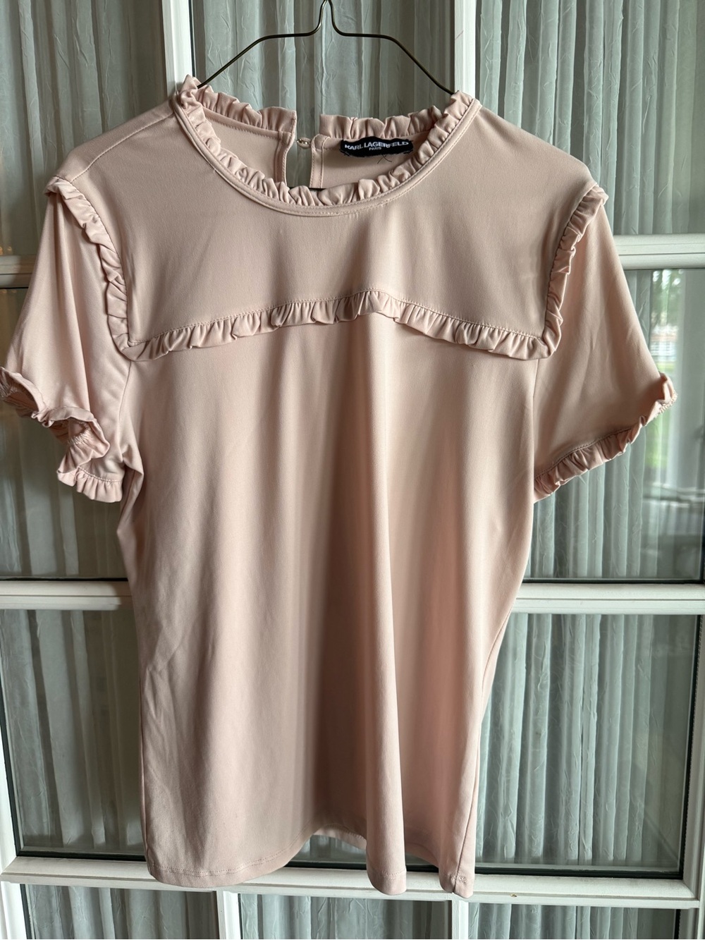 Karl Lagerfeld Paris Women's Pink Ruffle Pearl Blouse Sz M Designer